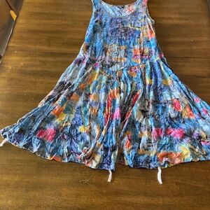 Multi colored print dress with optional ties for scalloped hem